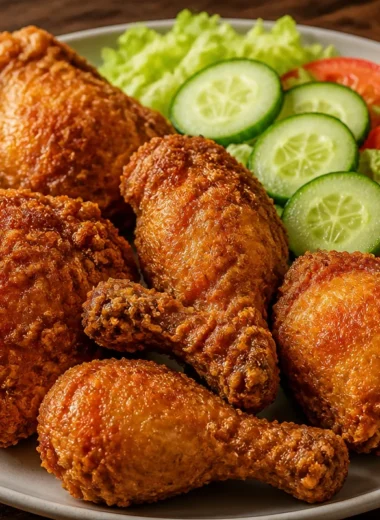 Golden fried chicken served with a fresh salad plate