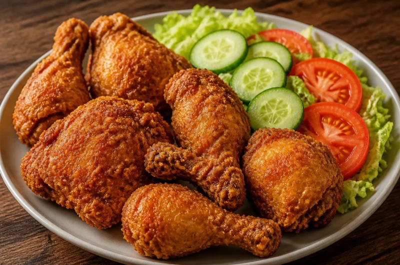 Golden fried chicken served with a fresh salad plate