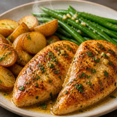 Golden garlic butter chicken dish served on a plate with herbs