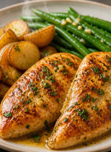 Golden garlic butter chicken dish served on a plate with herbs