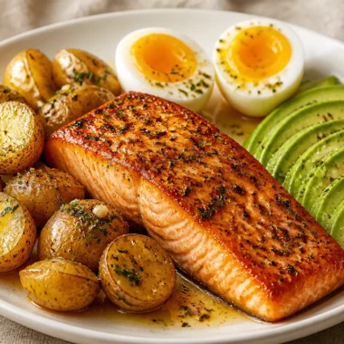 Delicious Golden Garlic Herb Salmon garnished with herbs and lemon slices