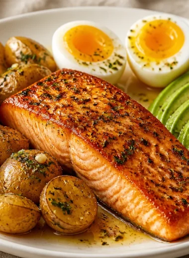 Delicious Golden Garlic Herb Salmon garnished with herbs and lemon slices