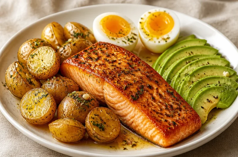 Delicious Golden Garlic Herb Salmon garnished with herbs and lemon slices