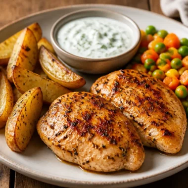 Golden herb-grilled chicken served with crispy potato wedges