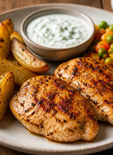 Golden herb-grilled chicken served with crispy potato wedges