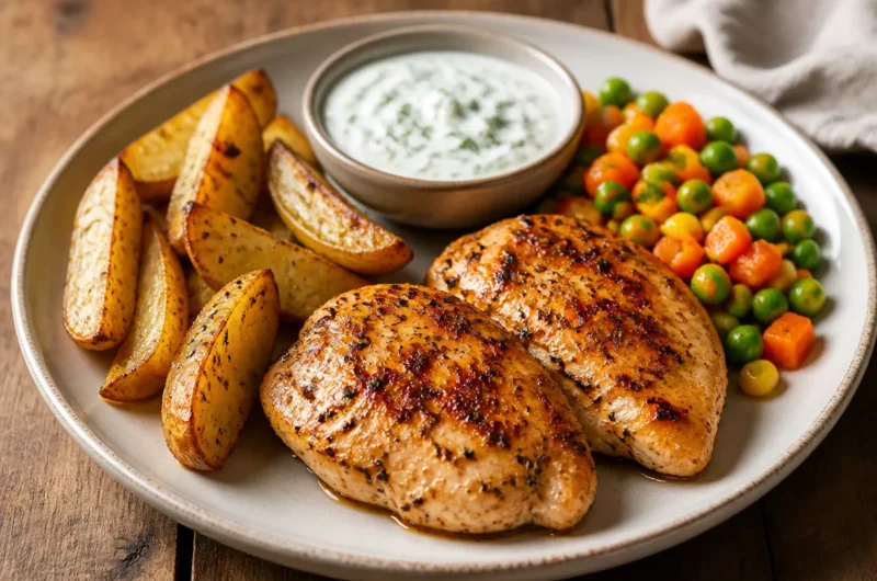Golden herb-grilled chicken served with crispy potato wedges