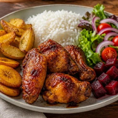 Delicious golden honey glazed chicken garnished with herbs