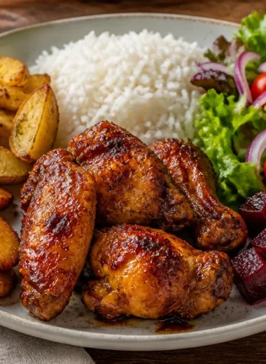 Delicious golden honey glazed chicken garnished with herbs