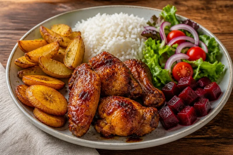 Delicious golden honey glazed chicken garnished with herbs