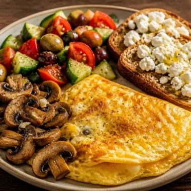Golden Mediterranean omelette served on a plate, garnished with fresh herbs and vegetables.