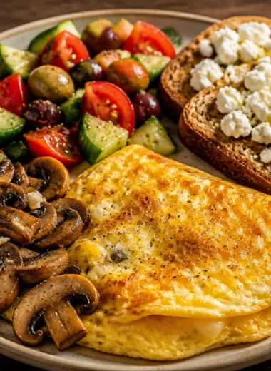 Golden Mediterranean omelette served on a plate, garnished with fresh herbs and vegetables.
