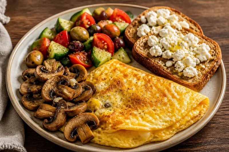 Golden Mediterranean omelette served on a plate, garnished with fresh herbs and vegetables.