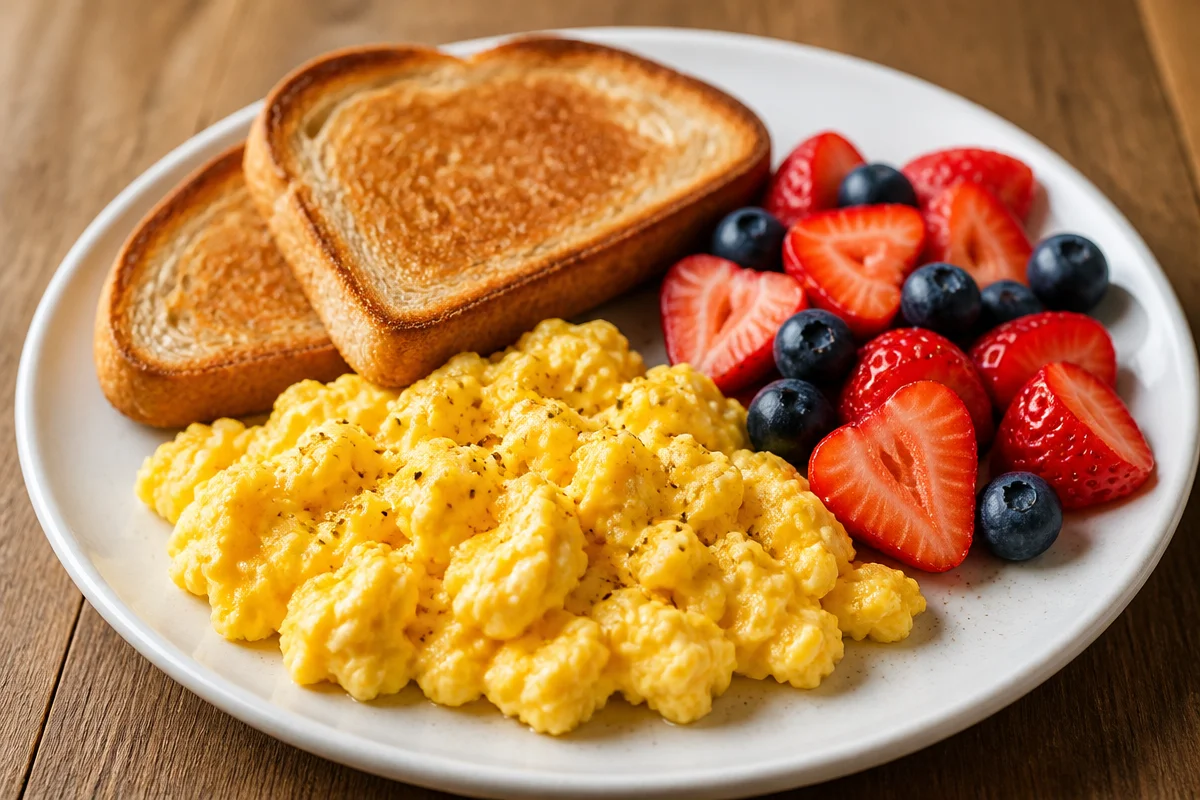 Golden Scrambled Eggs And Berry Toast Breakfast