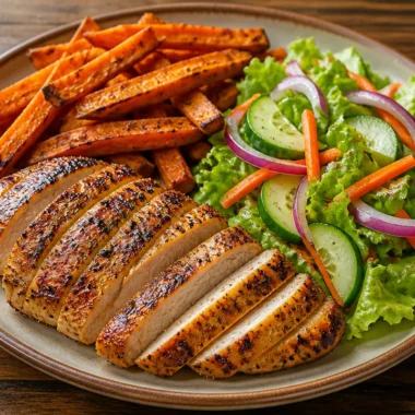 Plate of grilled chicken served with sweet potatoes, a colorful and nutritious dish.
