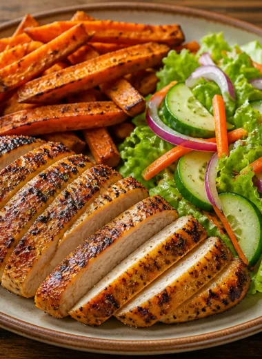 Plate of grilled chicken served with sweet potatoes, a colorful and nutritious dish.