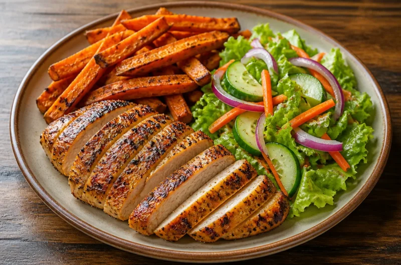 Plate of grilled chicken served with sweet potatoes, a colorful and nutritious dish.