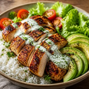 Herb-Grilled Chicken Rice Bowl with fresh herbs and spices