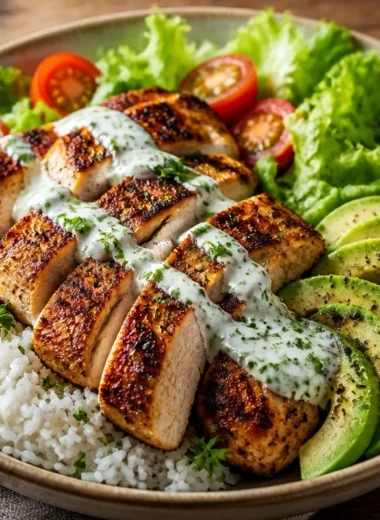 Herb-Grilled Chicken Rice Bowl with fresh herbs and spices