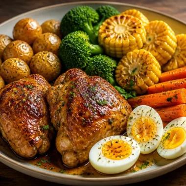 Honey glazed chicken served with colorful veggies on a plate