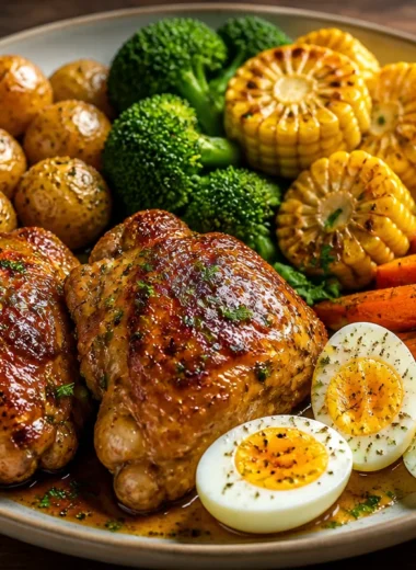 Honey glazed chicken served with colorful veggies on a plate