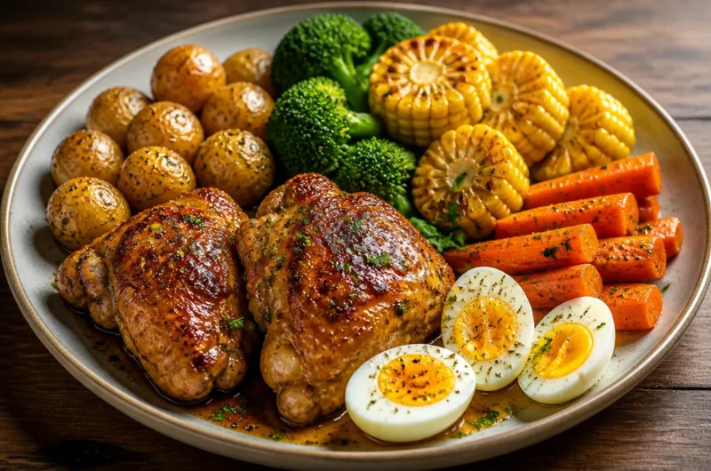 Honey glazed chicken served with colorful veggies on a plate