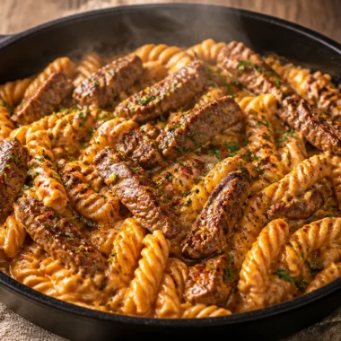 Delicious one-pan Cajun Steak Pasta garnished with herbs