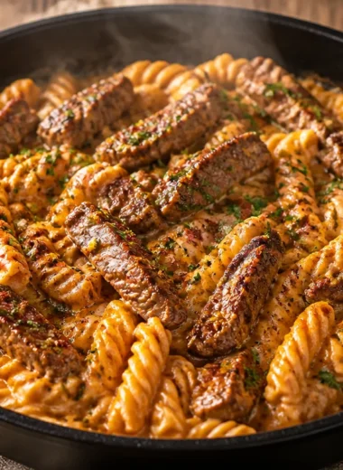 Delicious one-pan Cajun Steak Pasta garnished with herbs