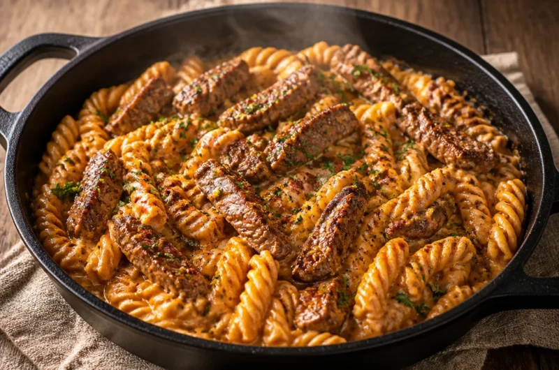 Delicious one-pan Cajun Steak Pasta garnished with herbs