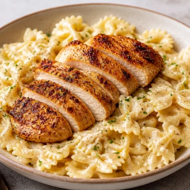 One-Pan Chicken Alfredo Bowtie Pasta served in a bowl