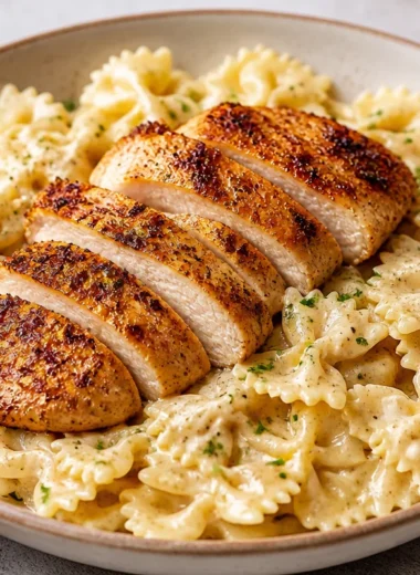 One-Pan Chicken Alfredo Bowtie Pasta served in a bowl