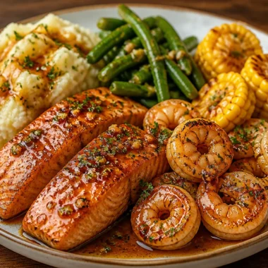 One-Pan Honey Garlic Salmon and Shrimp dish garnished with herbs