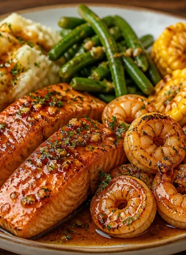 One-Pan Honey Garlic Salmon and Shrimp dish garnished with herbs