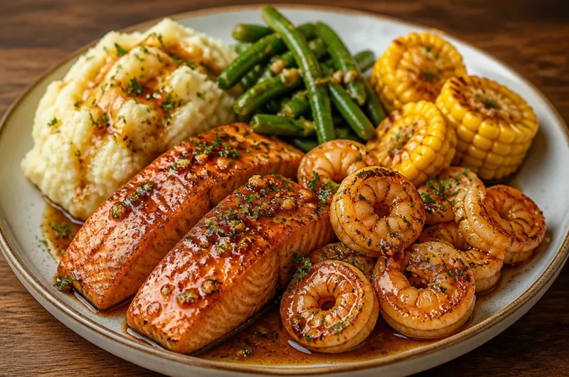 One-Pan Honey Garlic Salmon and Shrimp dish garnished with herbs