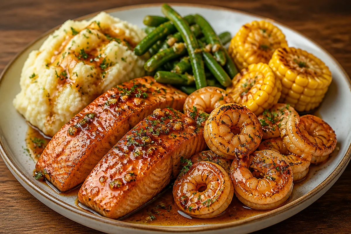 One-Pan Honey Garlic Salmon & Shrimp Plate