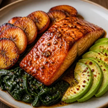 One-Pan Honey Glazed Salmon served with fresh vegetables