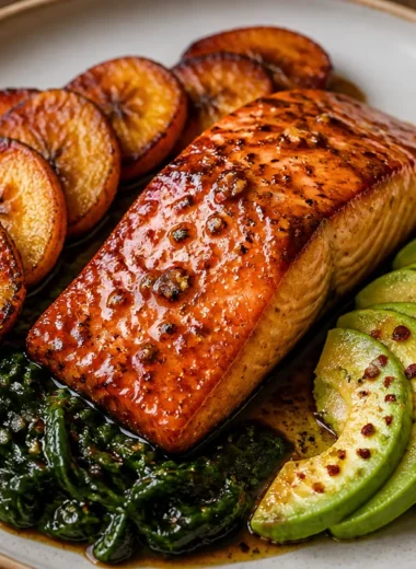 One-Pan Honey Glazed Salmon served with fresh vegetables