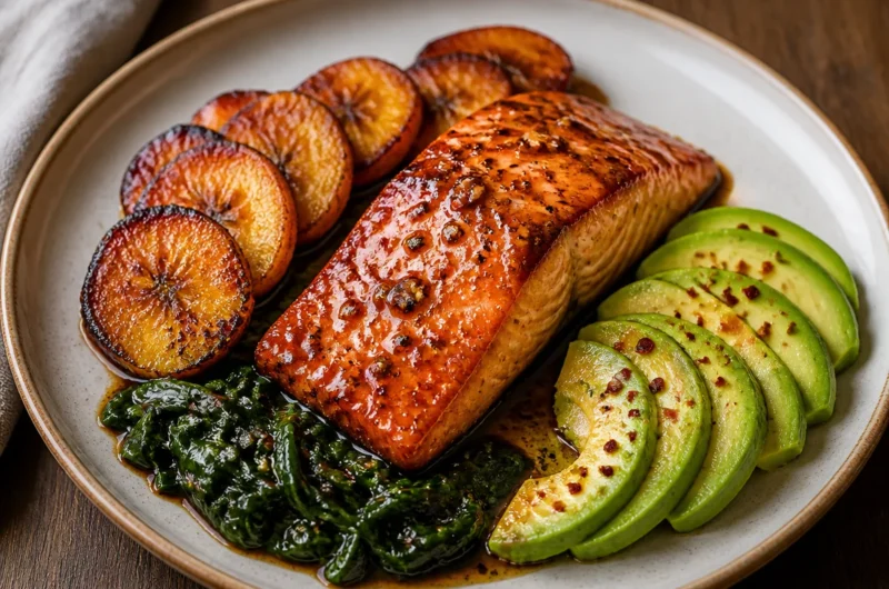 One-Pan Honey Glazed Salmon served with fresh vegetables