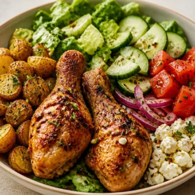 One-Pan Mediterranean Chicken Bowl with colorful vegetables and chicken