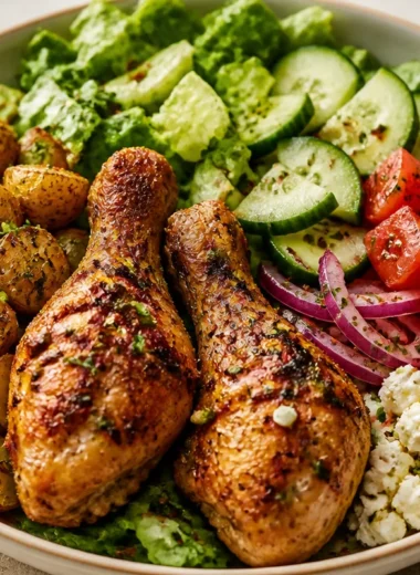 One-Pan Mediterranean Chicken Bowl with colorful vegetables and chicken