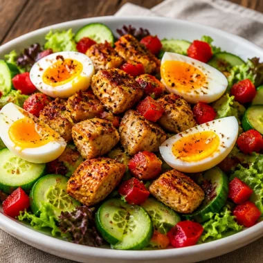 Power Salad with jammy eggs and chicken served in a bowl