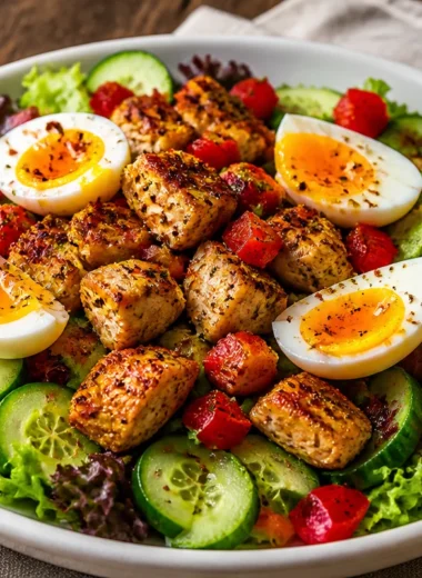 Power Salad with jammy eggs and chicken served in a bowl