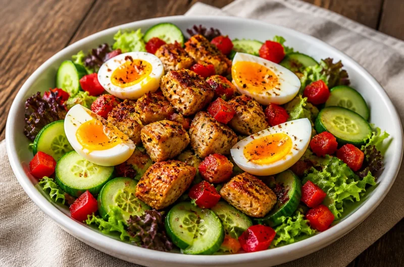 Power Salad with jammy eggs and chicken served in a bowl