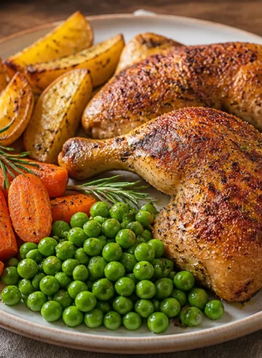 Delicious Roasted Herb Chicken Plate garnished with fresh herbs and served with sides.