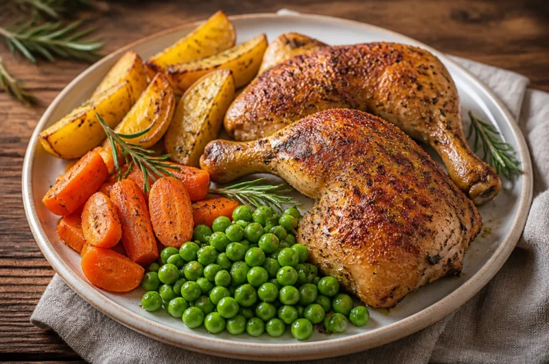 Delicious Roasted Herb Chicken Plate garnished with fresh herbs and served with sides.