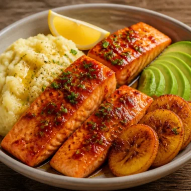Salmon bowl with sweet-chili glaze served with vegetables and rice
