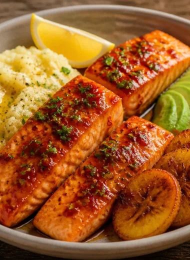 Salmon bowl with sweet-chili glaze served with vegetables and rice