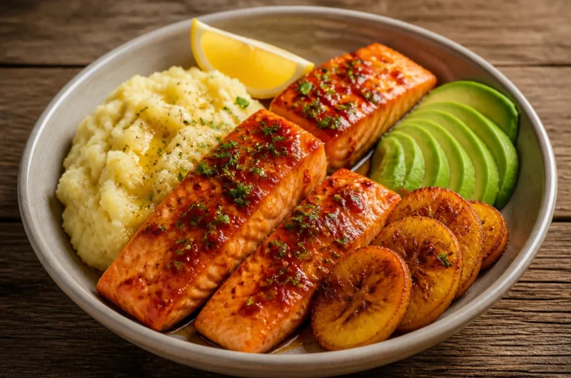 Salmon bowl with sweet-chili glaze served with vegetables and rice