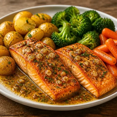 Delicious salmon with garlic butter served with a veggie trio and baby potatoes.
