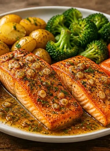 Delicious salmon with garlic butter served with a veggie trio and baby potatoes.