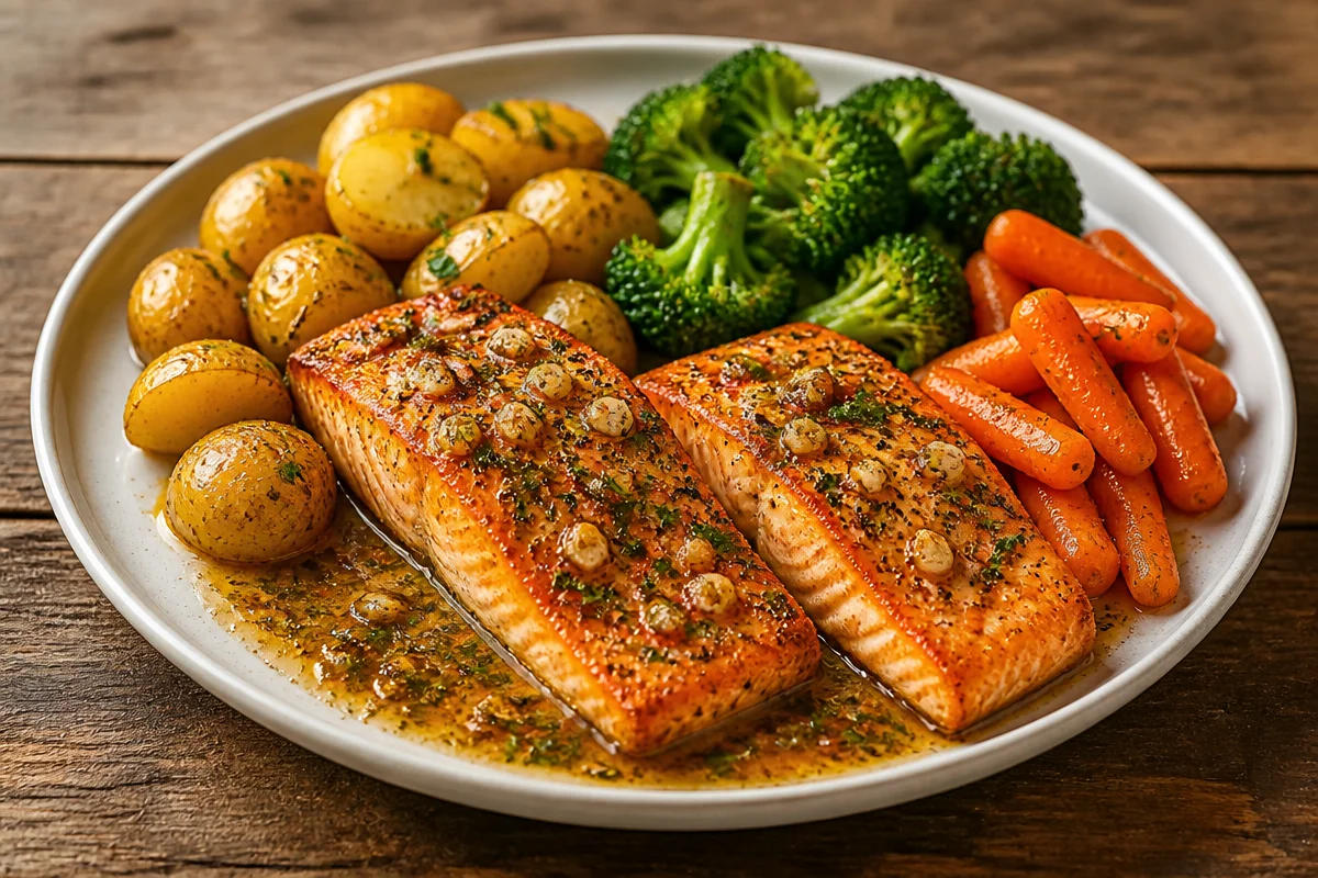 Salmon With Garlic Butter, Veggie Trio, and Baby Potatoes
